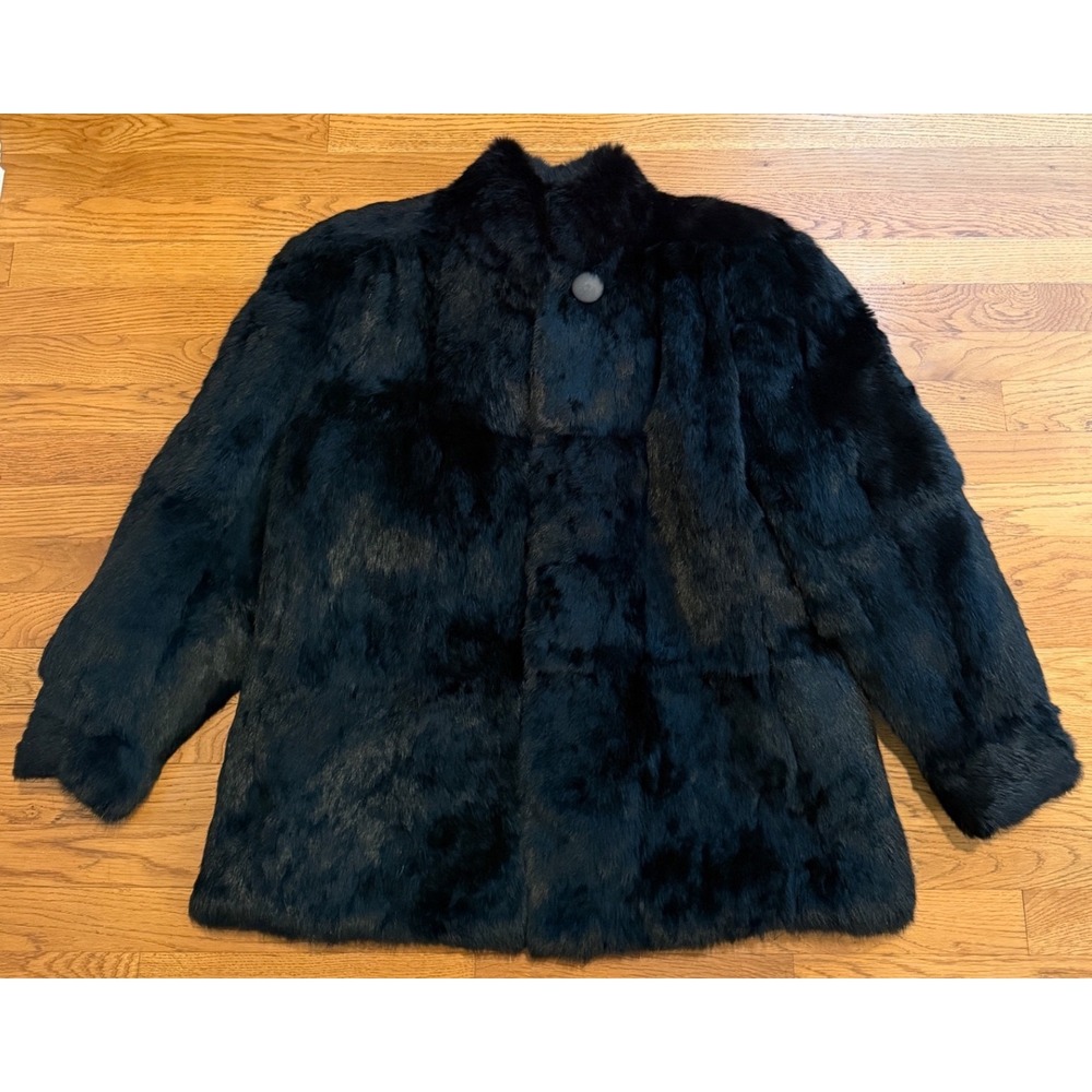 Sergio Valente Vintage Black Dyed Rabbit Fur Coat Jacket Stand Collar Large